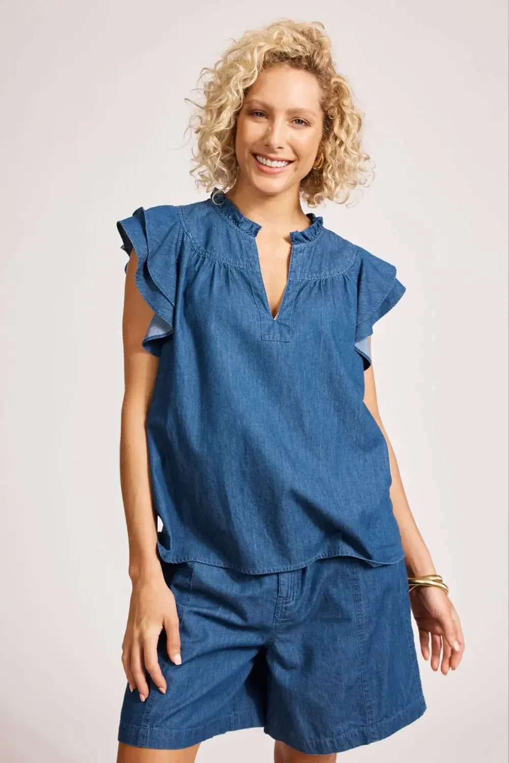 Melenia Denim Frill Top - Indigo-Eb & Ive-The Bay Room