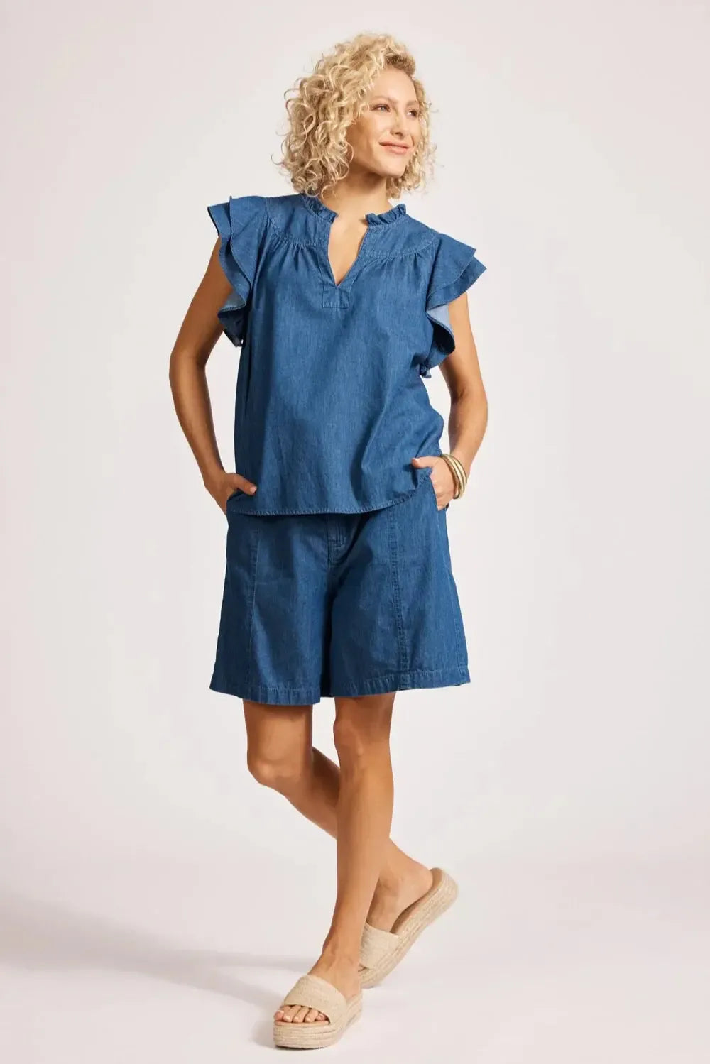 Melenia Denim Frill Top - Indigo-Eb & Ive-The Bay Room