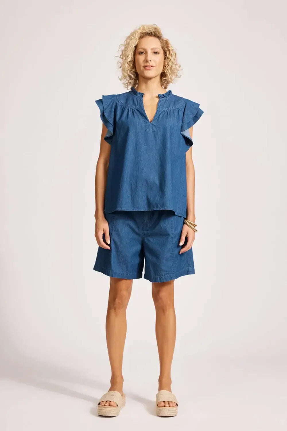 Melenia Denim Frill Top - Indigo-Eb & Ive-The Bay Room