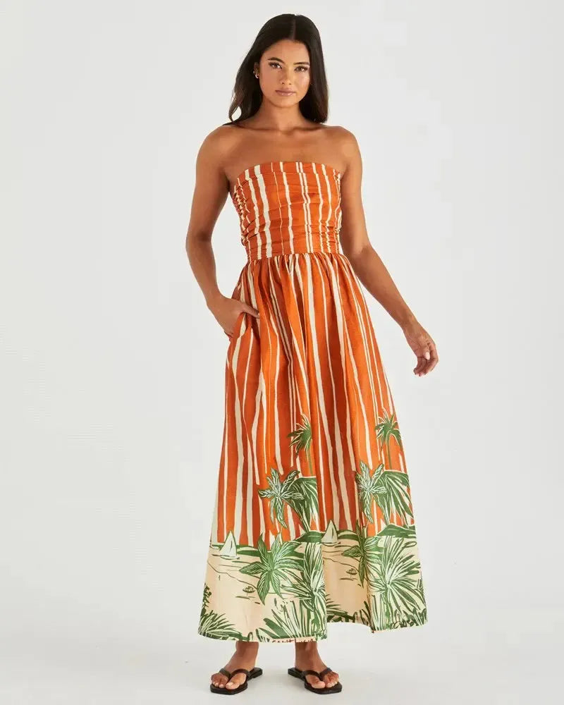 Mina Strapless Dress - Palm Stripe-Dresses-SASS-The Bay Room