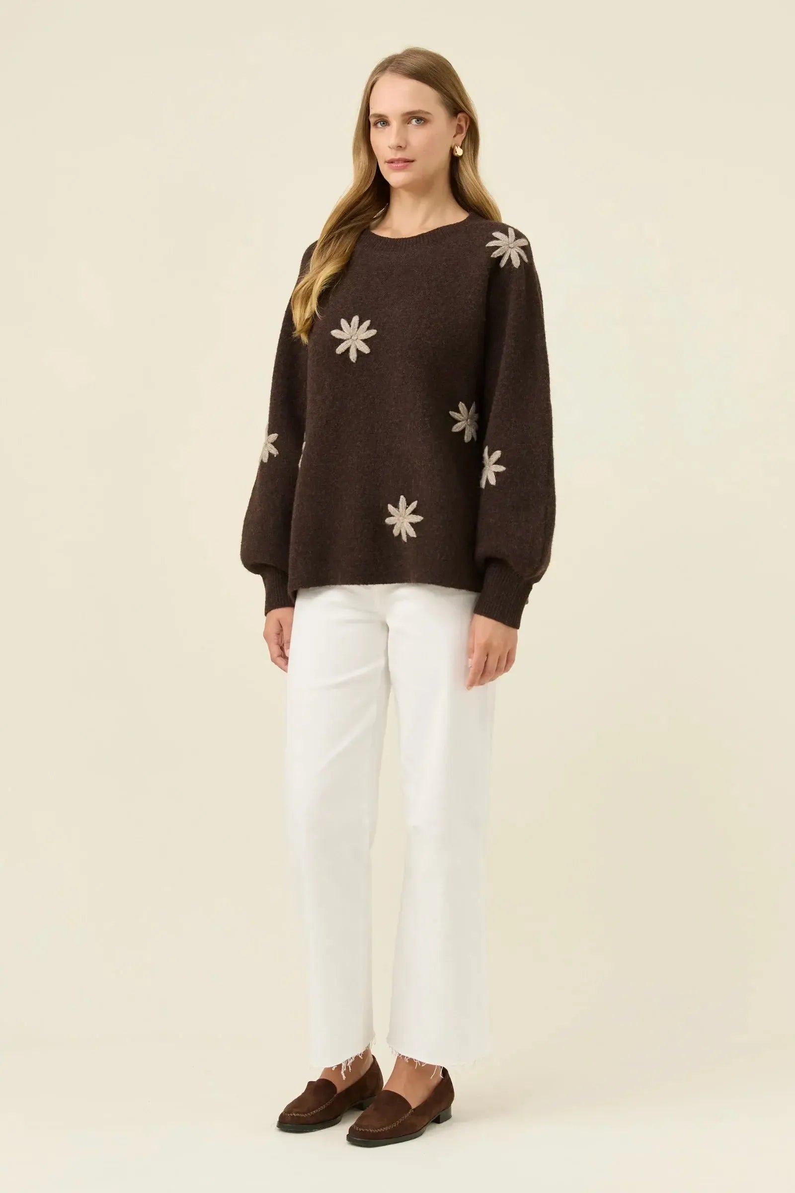 Miru Stitch Flower Jumper - Chocolate-Knitwear & Jumpers-Isle Of Mine-The Bay Room