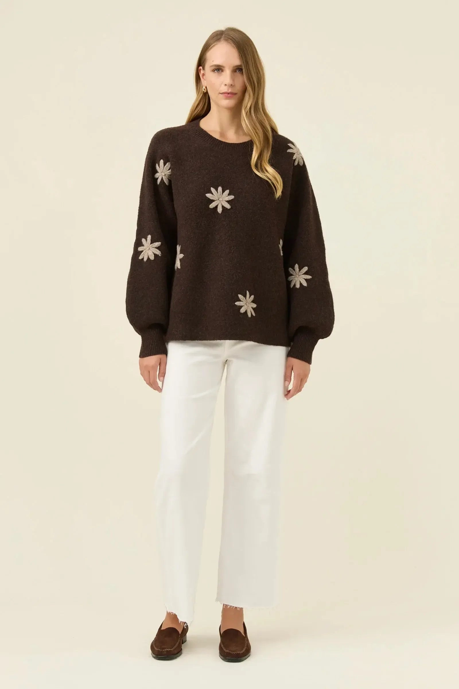 Miru Stitch Flower Jumper - Chocolate-Isle Of Mine-The Bay Room