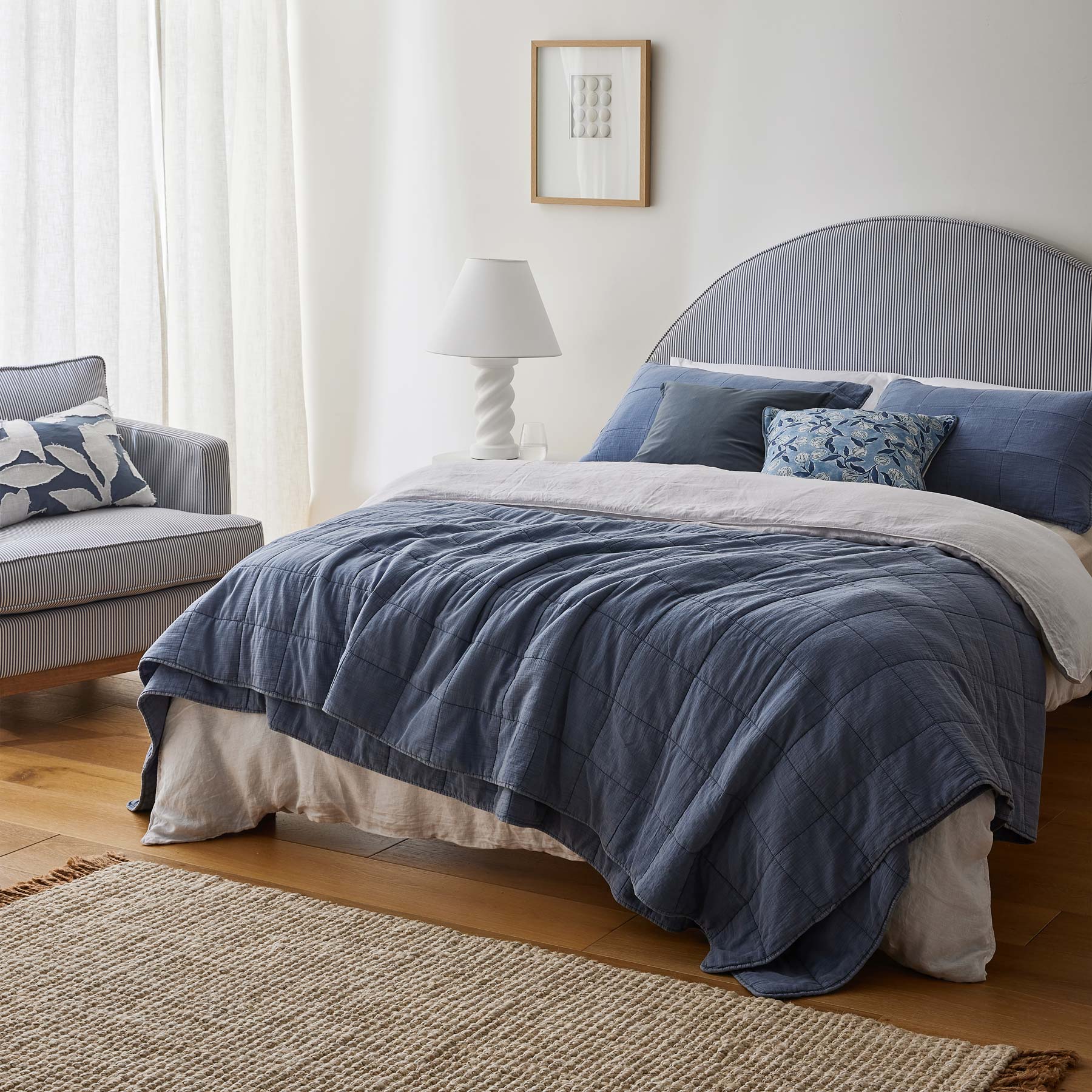 Morris Blue Stripe Bedhead-Furniture-Madras Link-The Bay Room