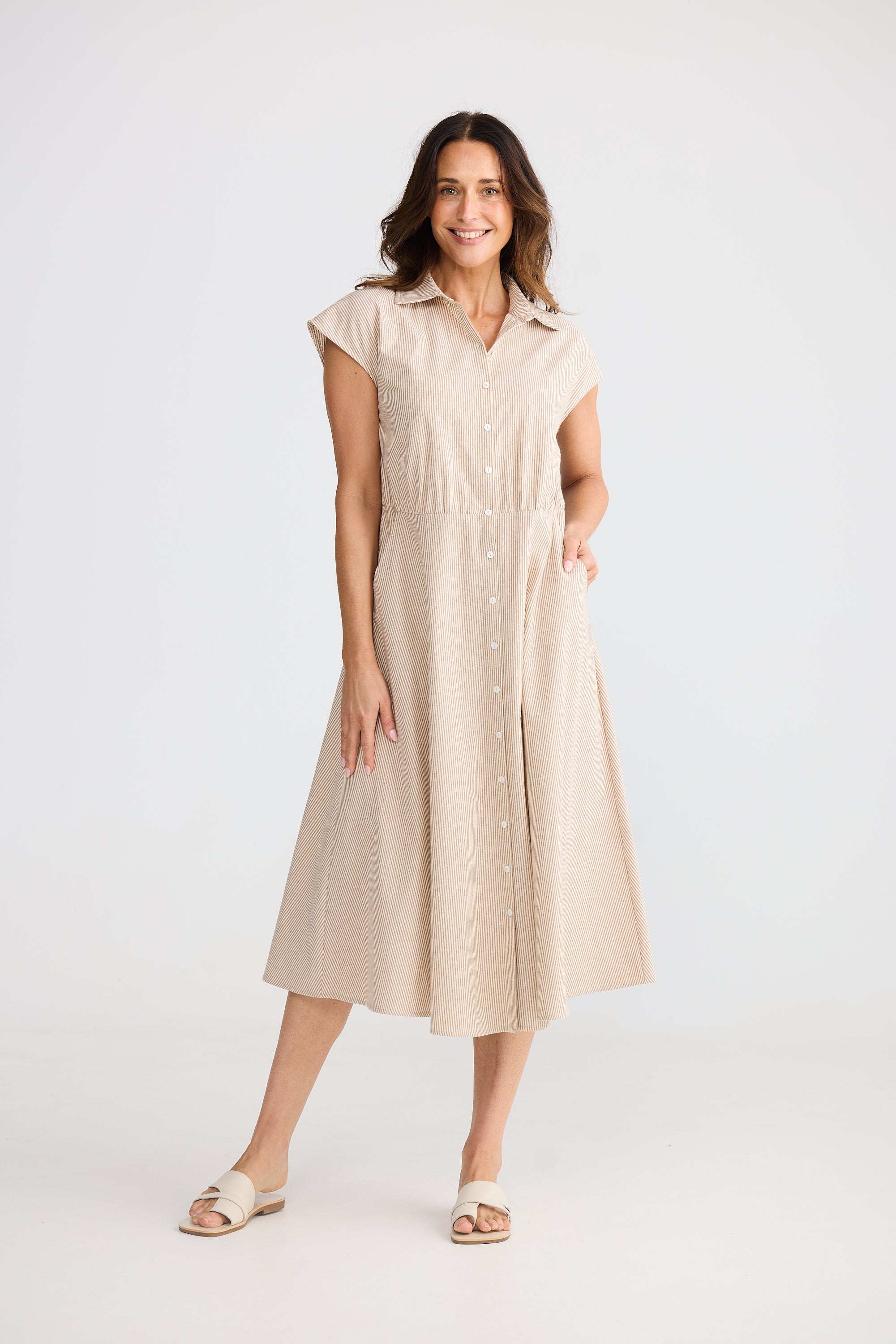 Musings Dress - Latte Pinstripe-Dresses-Brave & True-The Bay Room