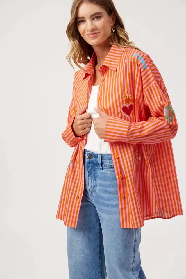Mykonos Embroidered Stripe Shirt - Pink-Tops-Haven-The Bay Room