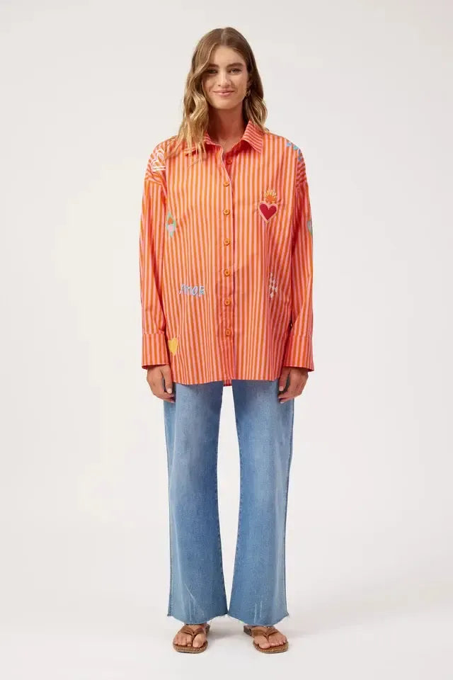 Mykonos Embroidered Stripe Shirt - Pink-Tops-Haven-The Bay Room