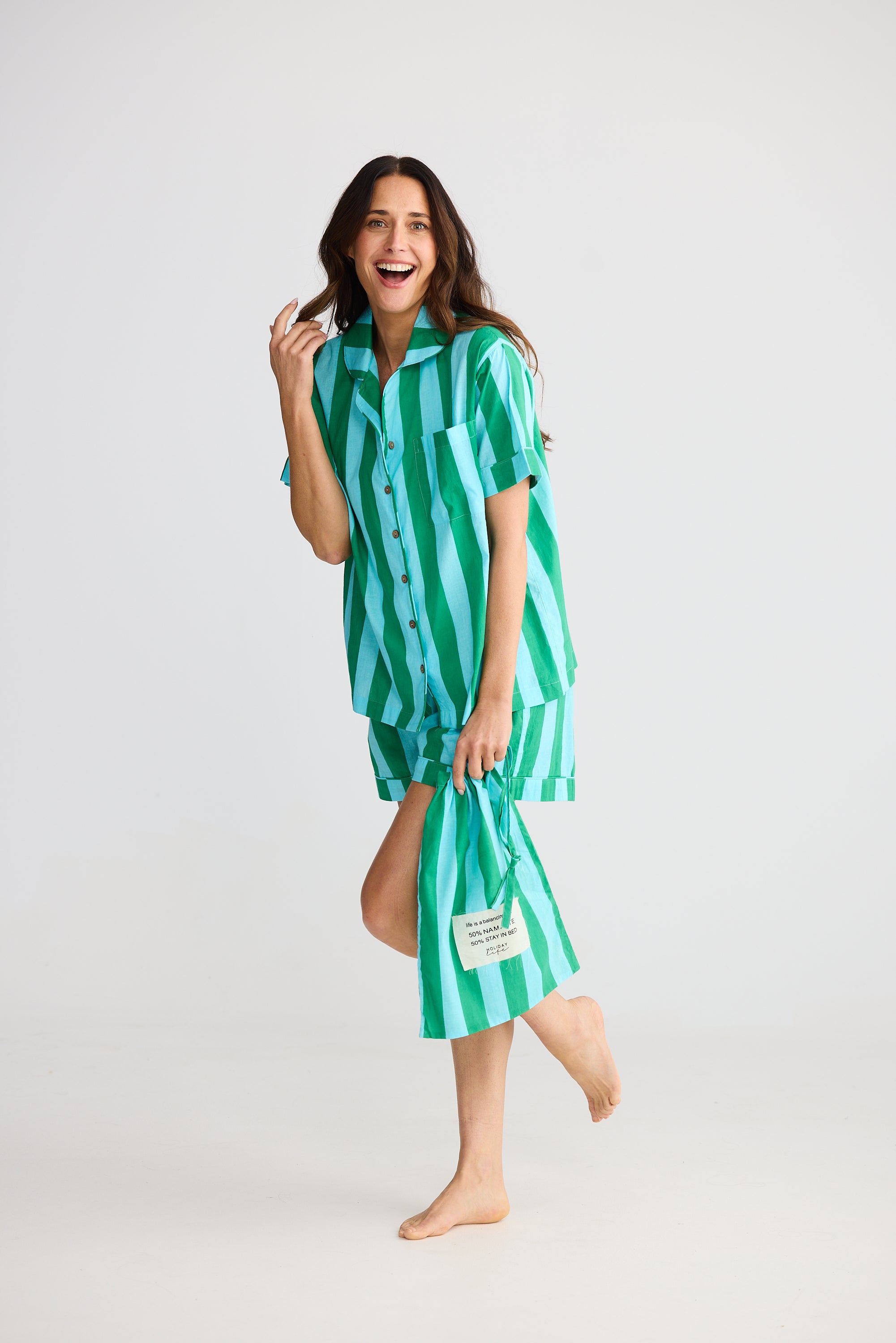Namaste Pyjama Set - Aqua Green Stripe-Sleepwear & Robes-Holiday-The Bay Room