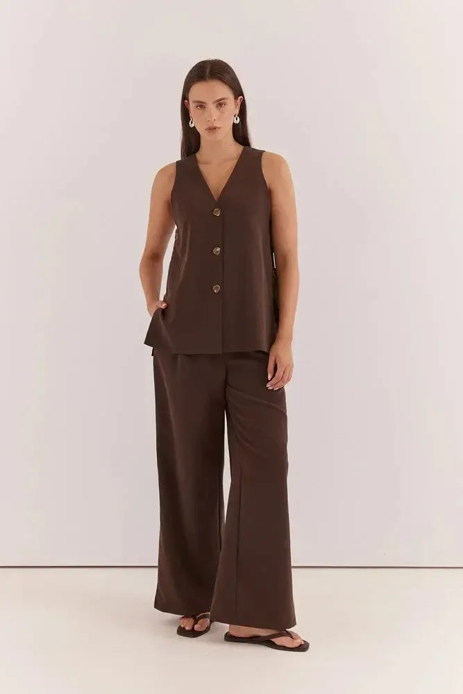 Natalie Wide Leg Trouser - Chocolate-Pants-SASS-The Bay Room