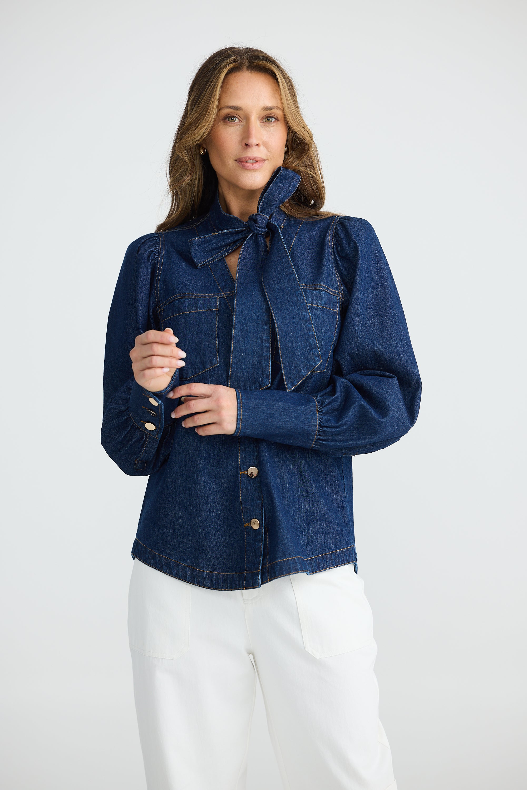 Nicola Denim Blouse - Dark Denim-Tops-Brave & True-The Bay Room