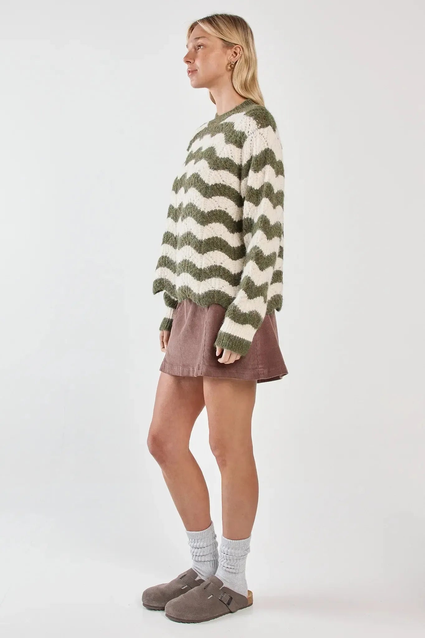 Nikkita Wavy Stripe Knit - Cream/Olive-Knitwear & Jumpers-SASS-The Bay Room