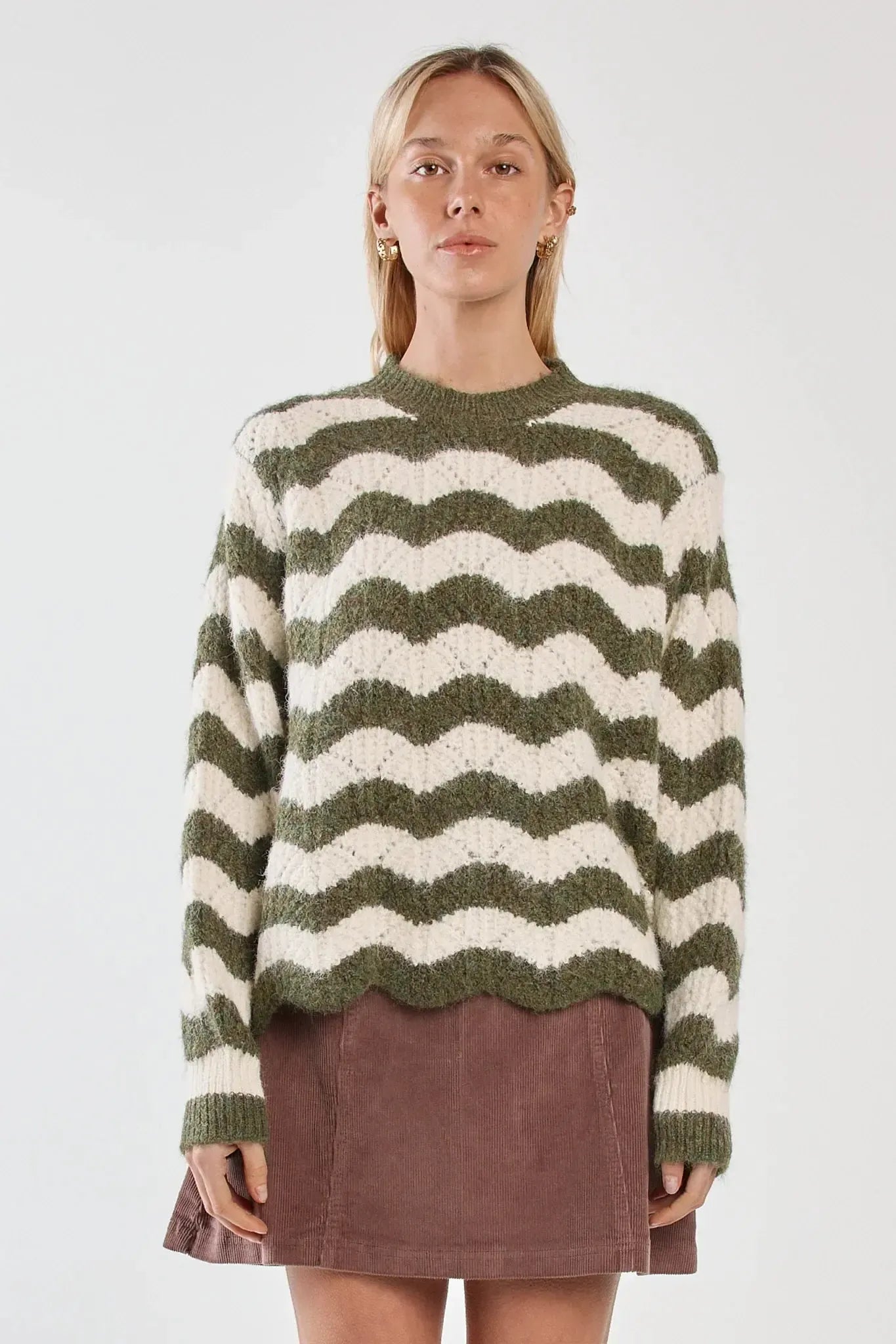 Nikkita Wavy Stripe Knit - Cream/Olive-Knitwear & Jumpers-SASS-The Bay Room