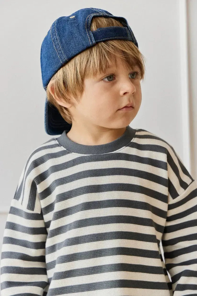 Organic Cotton Waffle Leith Long Sleeve Top - Oliver Stripe Atlantic/Cloud-Clothing & Accessories-Jamie Kay-The Bay Room