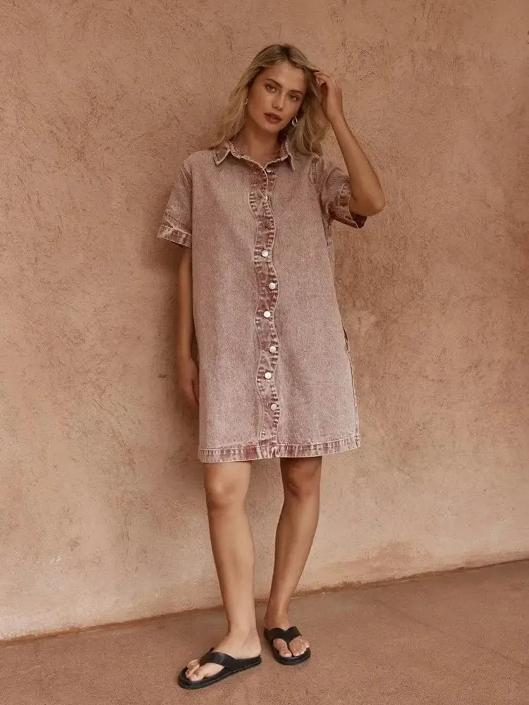 Pepe Wave Denim Dress - Rusty Red-Dresses-SASS-The Bay Room