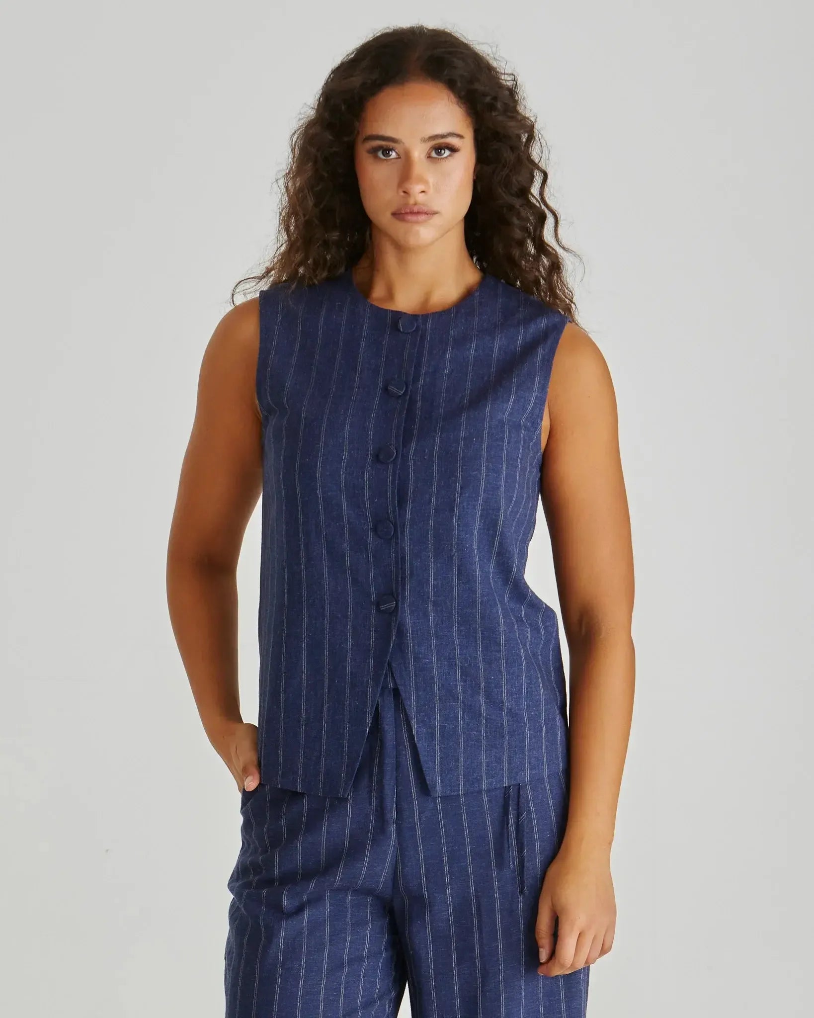 Petra Vest - Navy Pinstripe-Jackets, Coats & Vests-SASS-The Bay Room