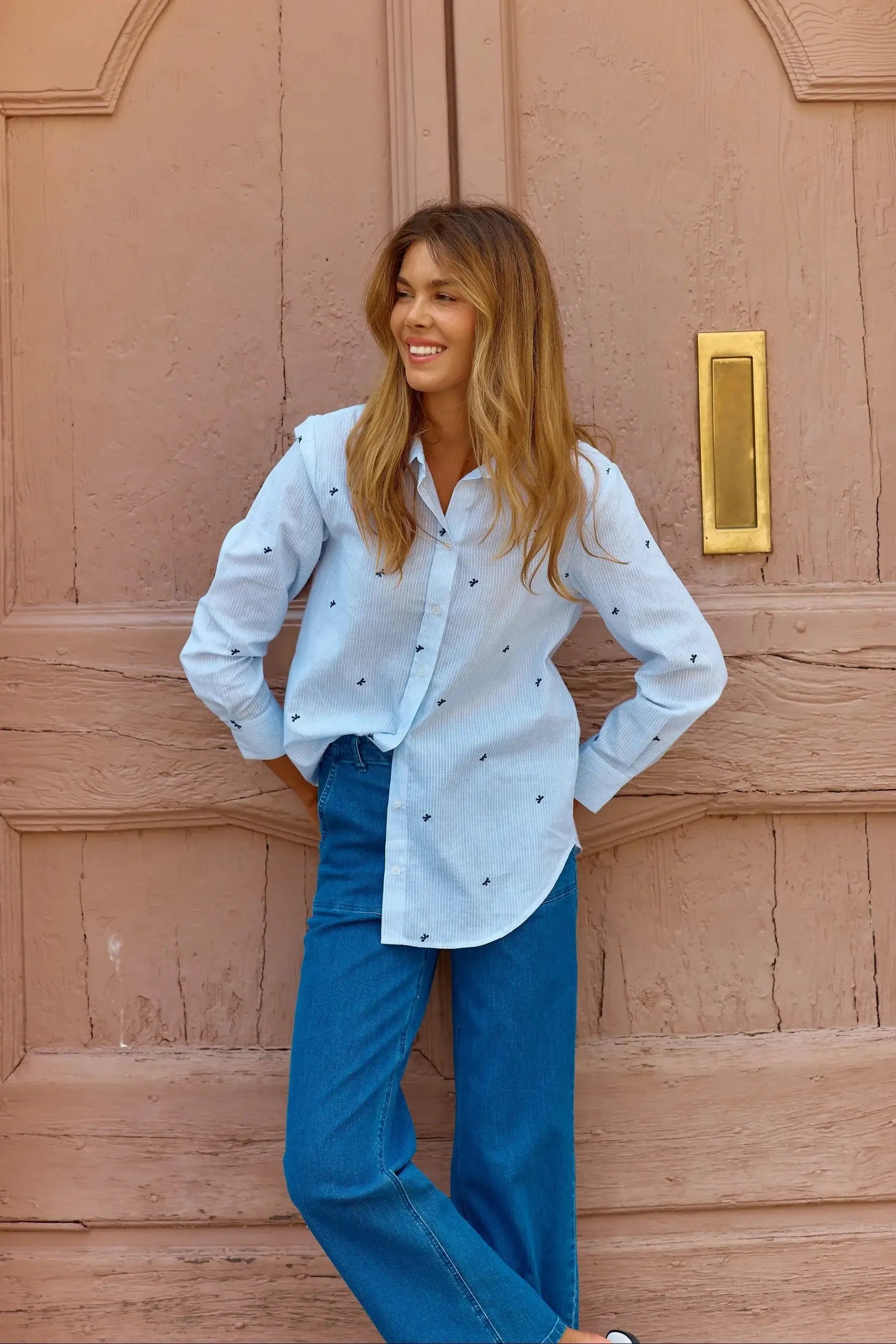 Reid Shirt - Blue Bow Stripe-Tops-Betty Basics-The Bay Room