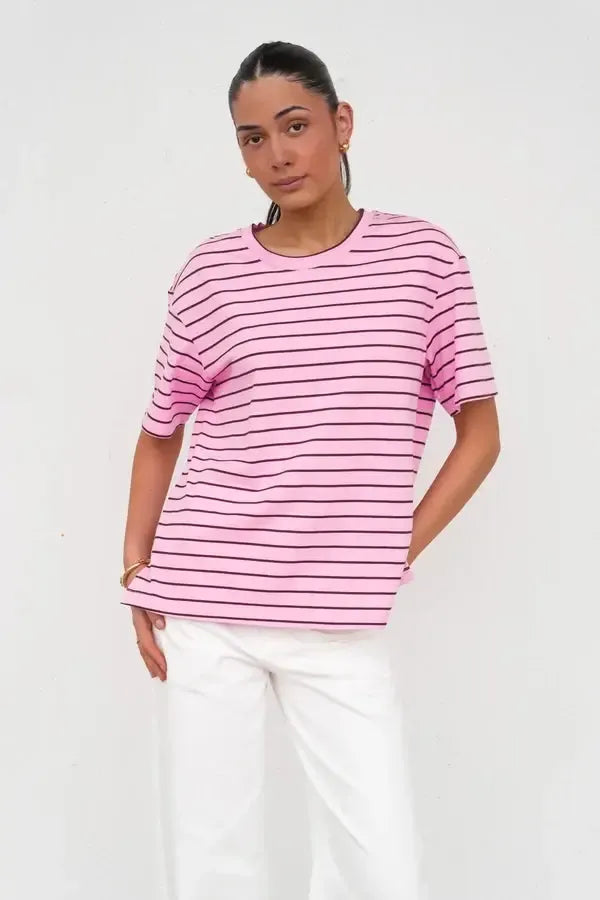 Relax Boxy Tee - Pink/Chocolate Stripe-Tops-Betty Basics-The Bay Room