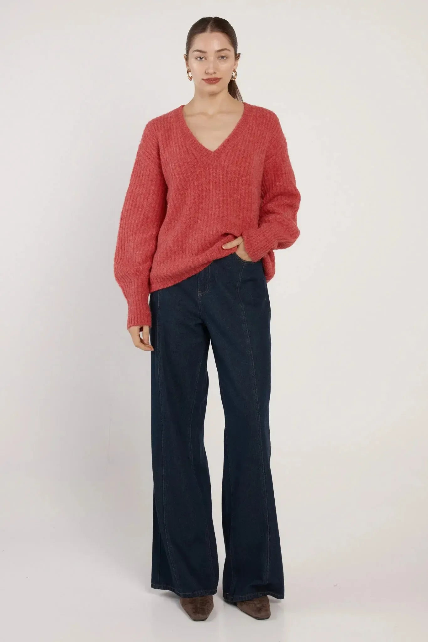 Remy V-Neck Jumper - Red-Knitwear & Jumpers-Fate + Becker-The Bay Room