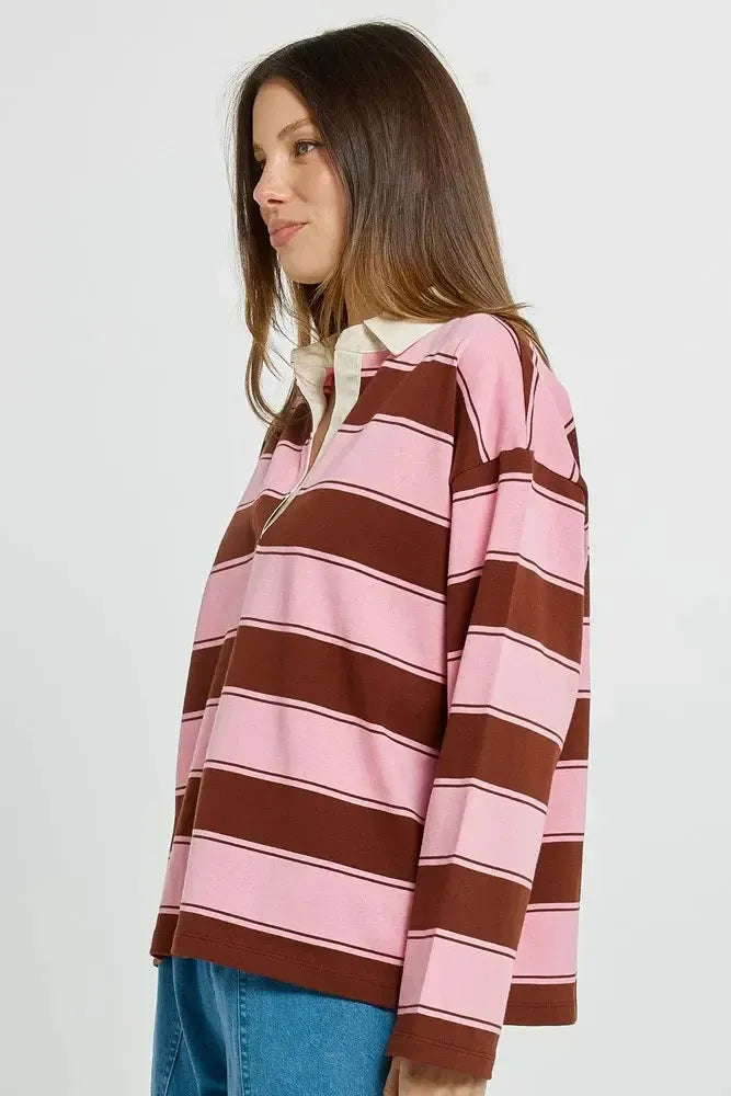 Roland Rugby Top - Pink/Choc-Tops-Betty Basics-The Bay Room