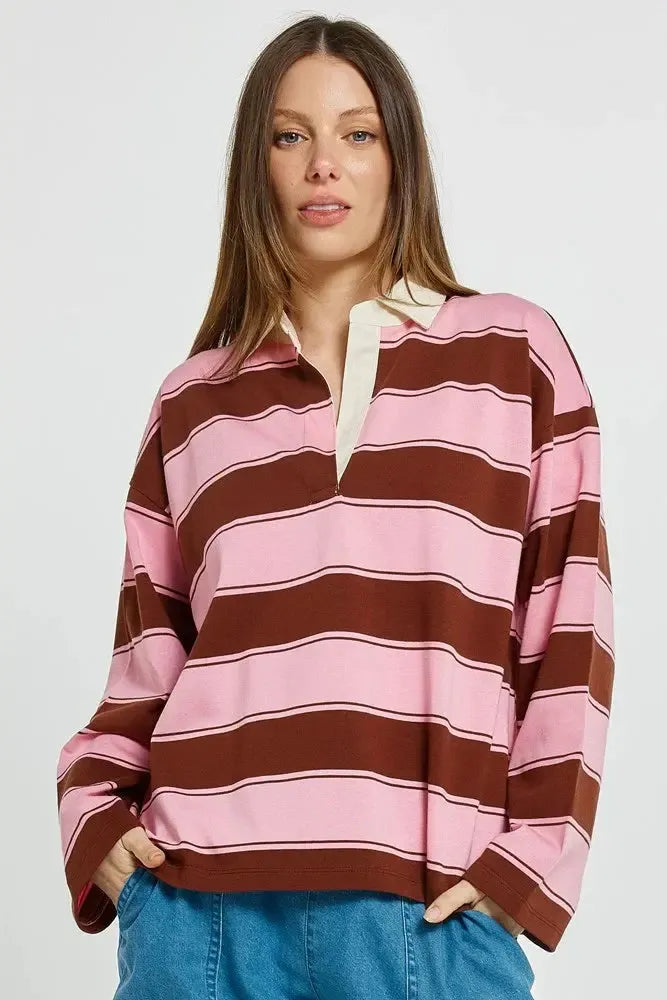 Roland Rugby Top - Pink/Choc-Tops-Betty Basics-The Bay Room