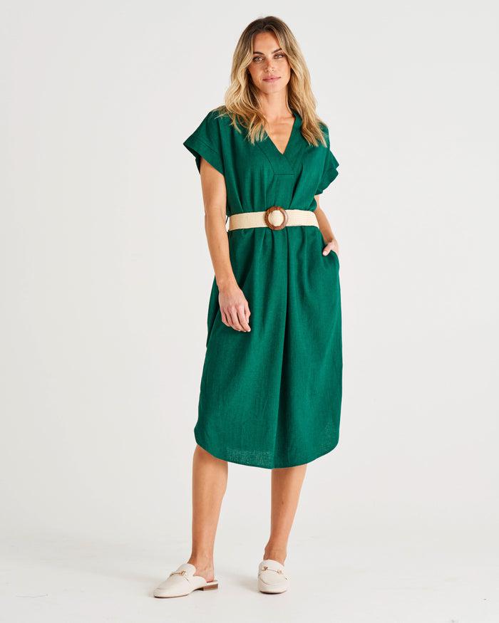 Roma Linen Dress - Hunter Green-Dresses-Betty Basics-The Bay Room