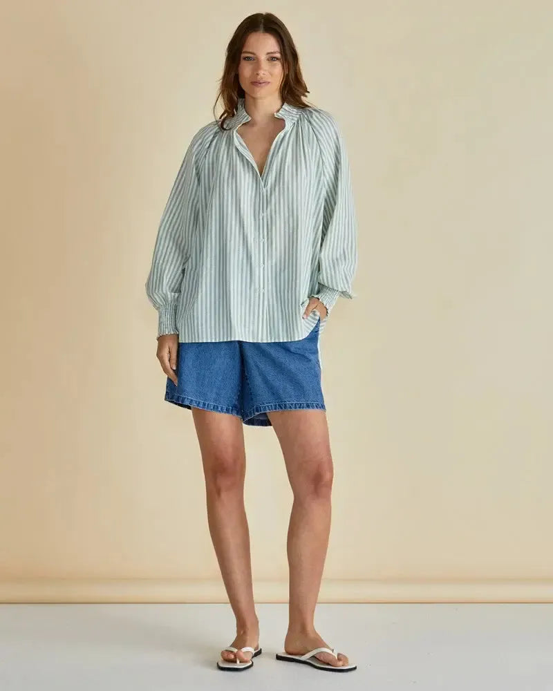Romi Shirt - Green Stripe-Tops-Betty Basics-The Bay Room