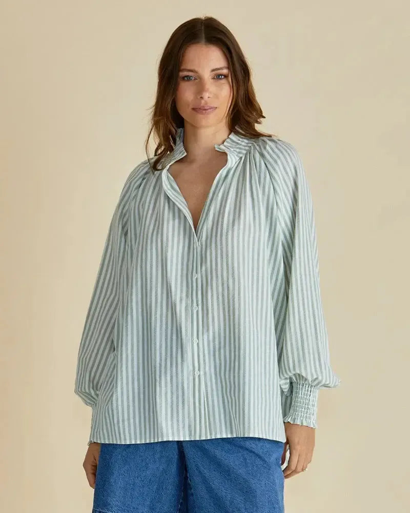 Romi Shirt - Green Stripe-Tops-Betty Basics-The Bay Room