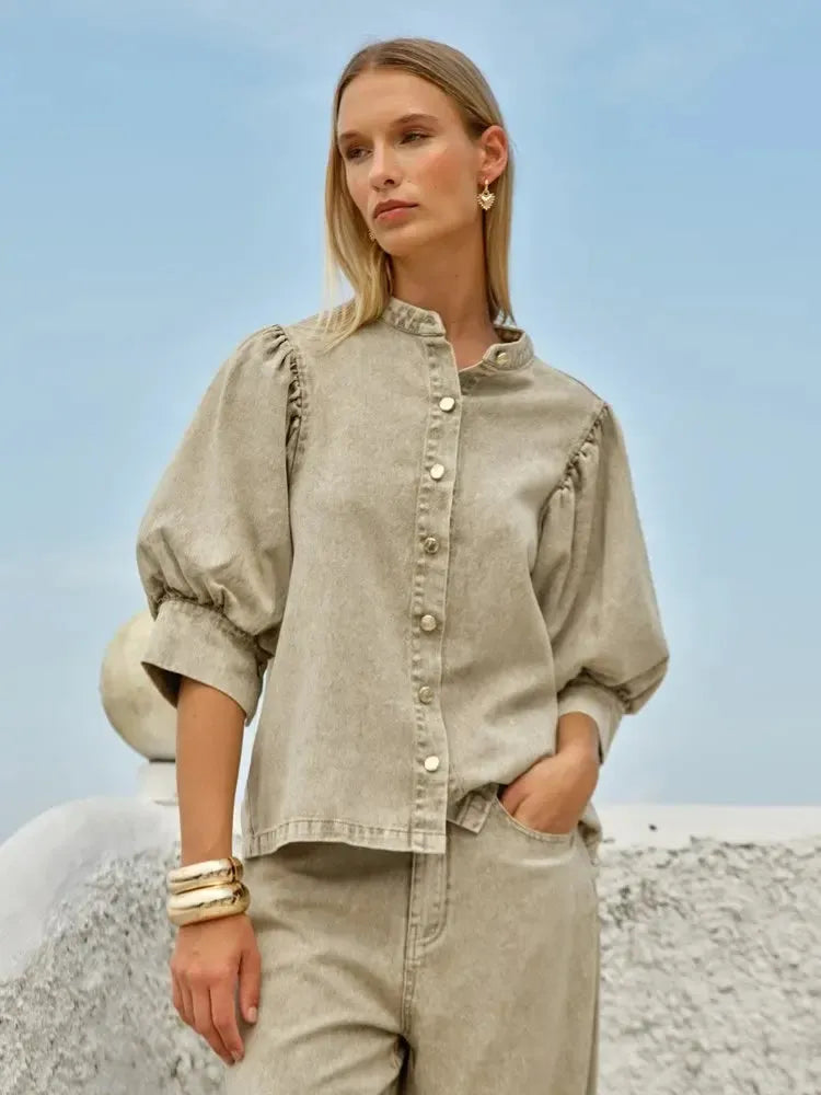 Saskia Balloon Shirt - Parchment-Tops-Fate + Becker-The Bay Room
