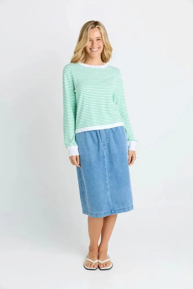 Scallop Knit Sweater - Green Stripe-Knitwear & Jumpers-Betty Basics-The Bay Room
