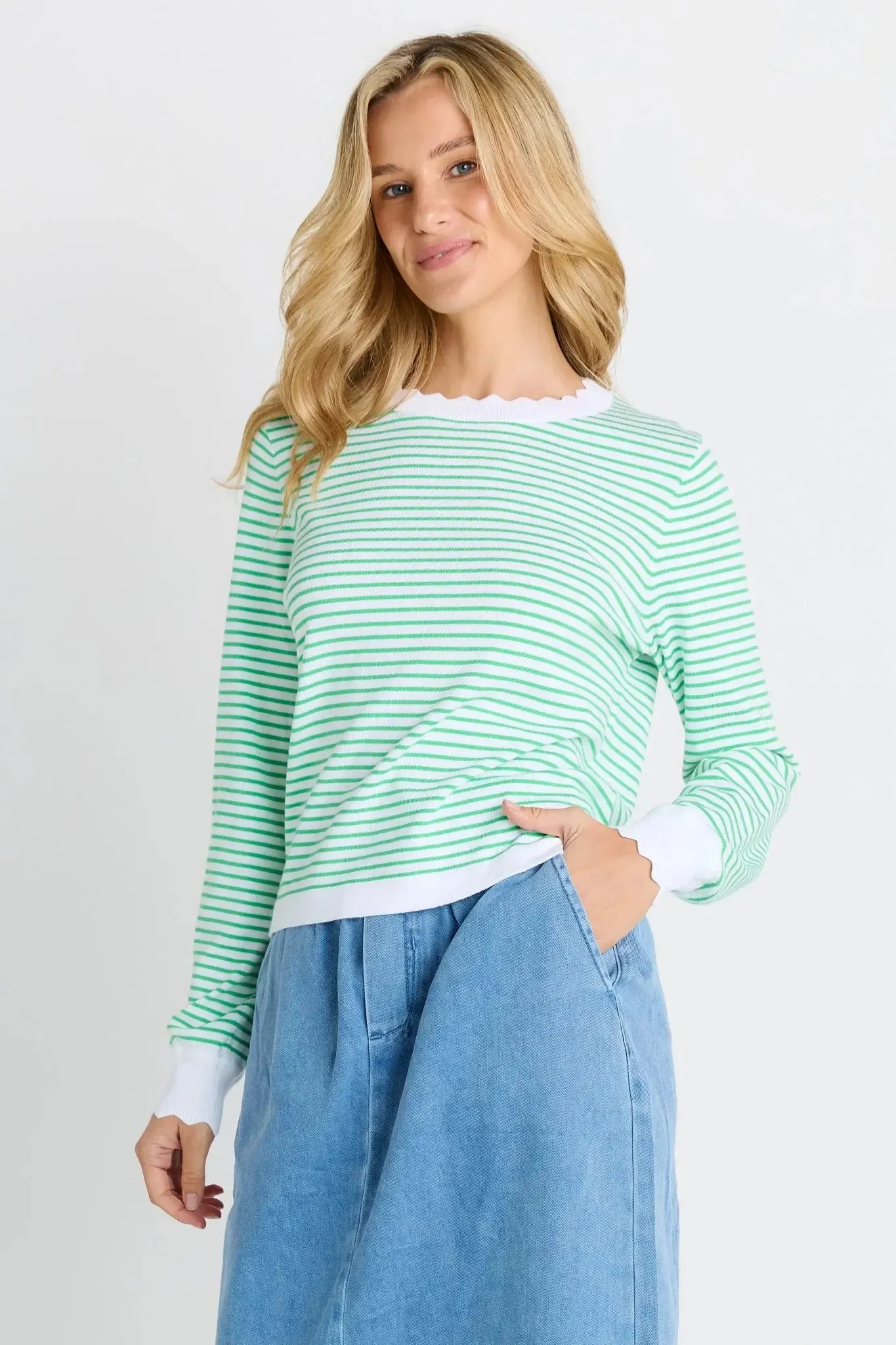 Scallop Knit Sweater - Green Stripe-Knitwear & Jumpers-Betty Basics-The Bay Room