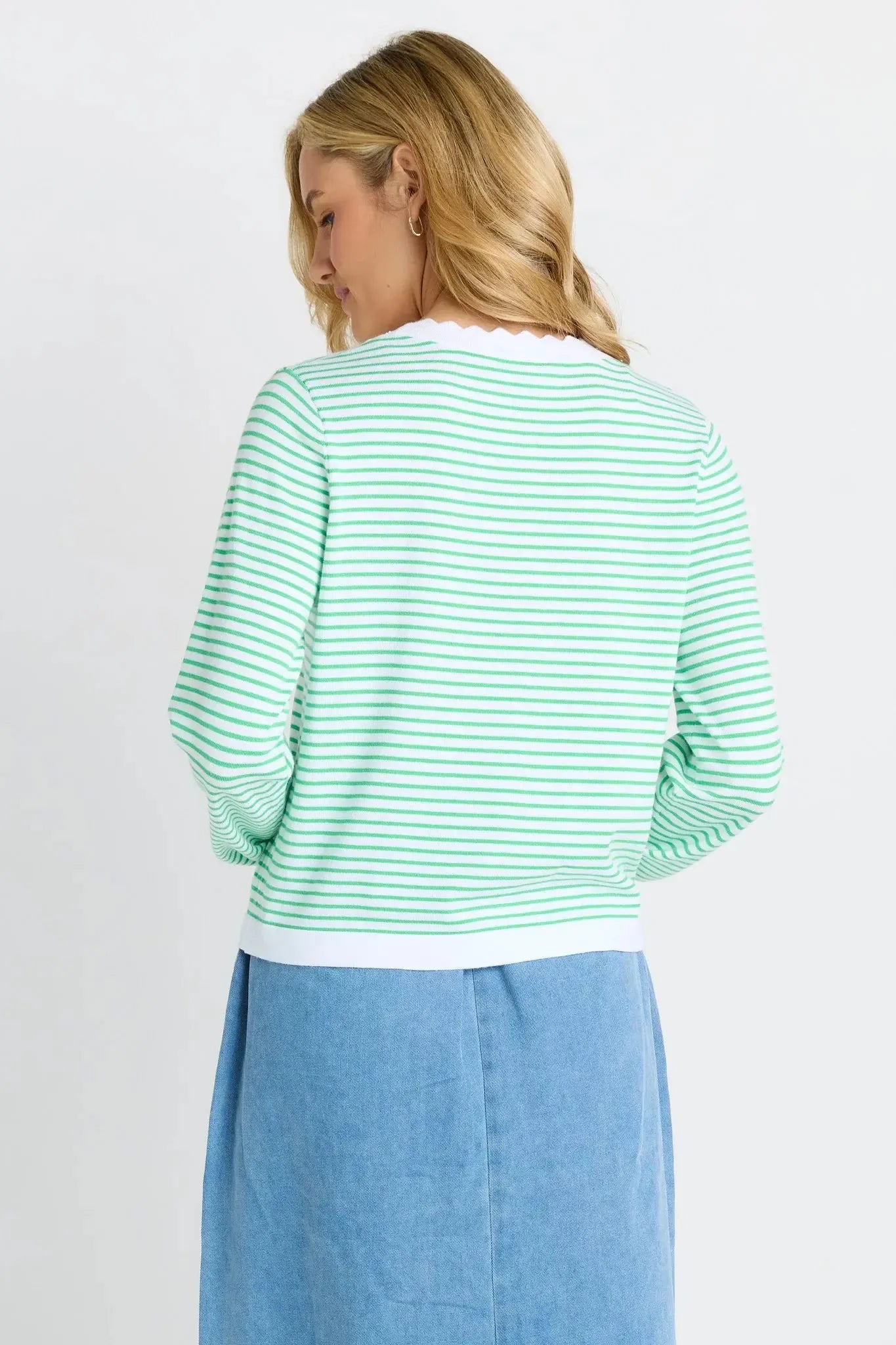Scallop Knit Sweater - Green Stripe-Knitwear & Jumpers-Betty Basics-The Bay Room