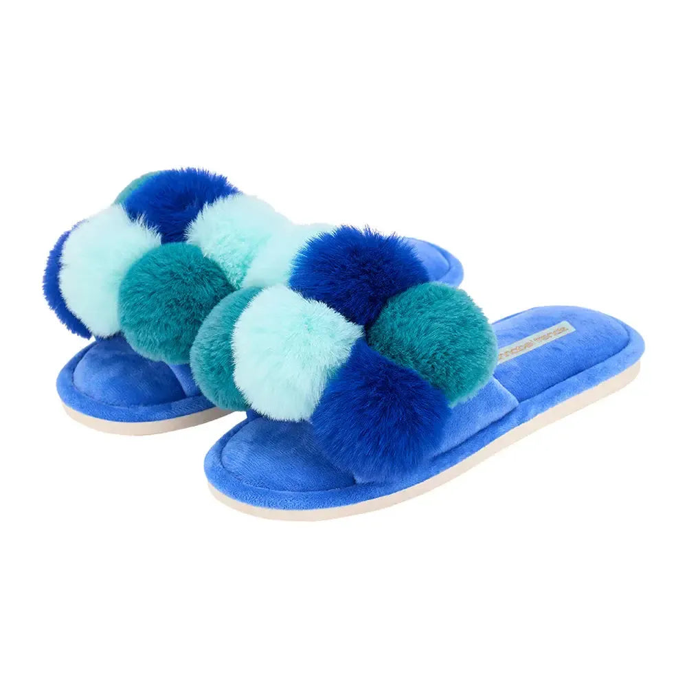 Slipper Cosy Luxe Pom Pom - Multi Blue-Sleepwear & Robes-Annabel Trends-The Bay Room