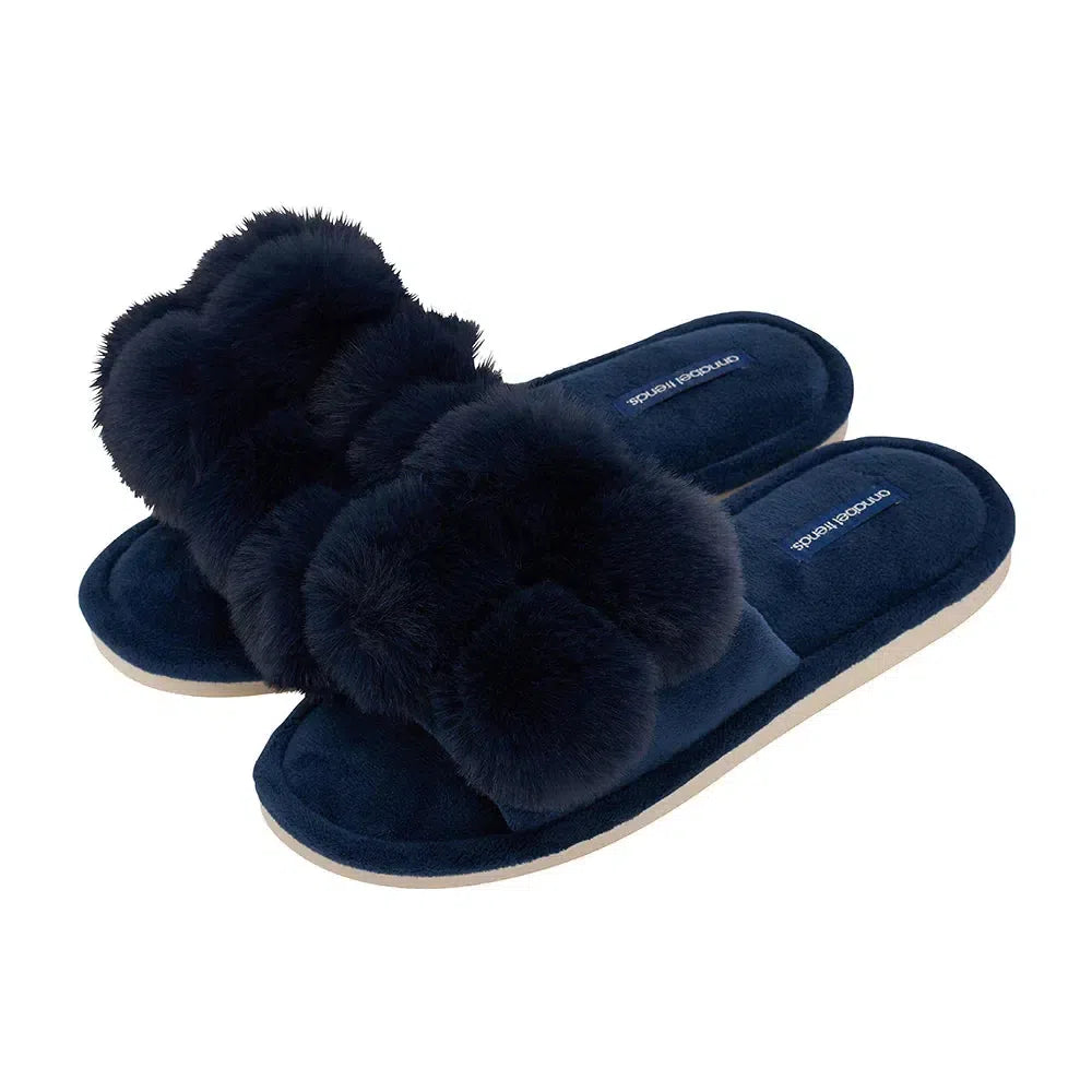 Slipper Cosy Luxe Pom Pom - Navy-Sleepwear & Robes-Annabel Trends-The Bay Room