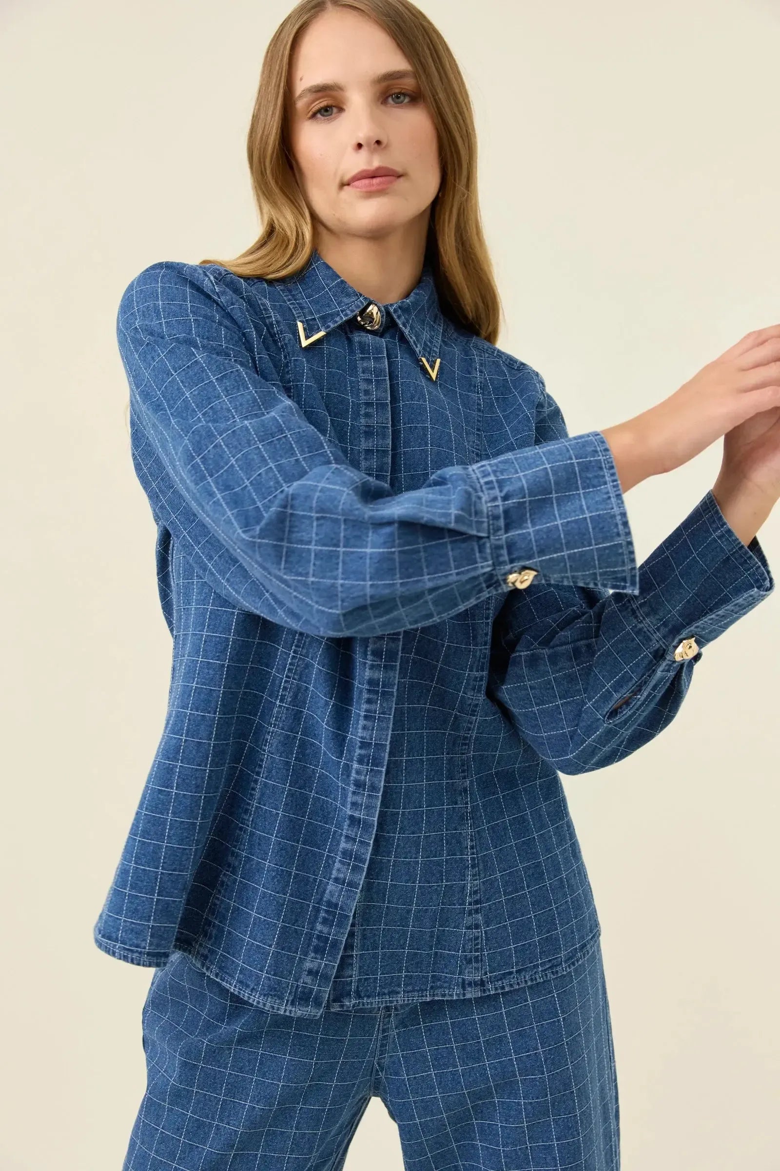 Sloane Denim Frill Shirt - Check-Tops-Isle Of Mine-The Bay Room