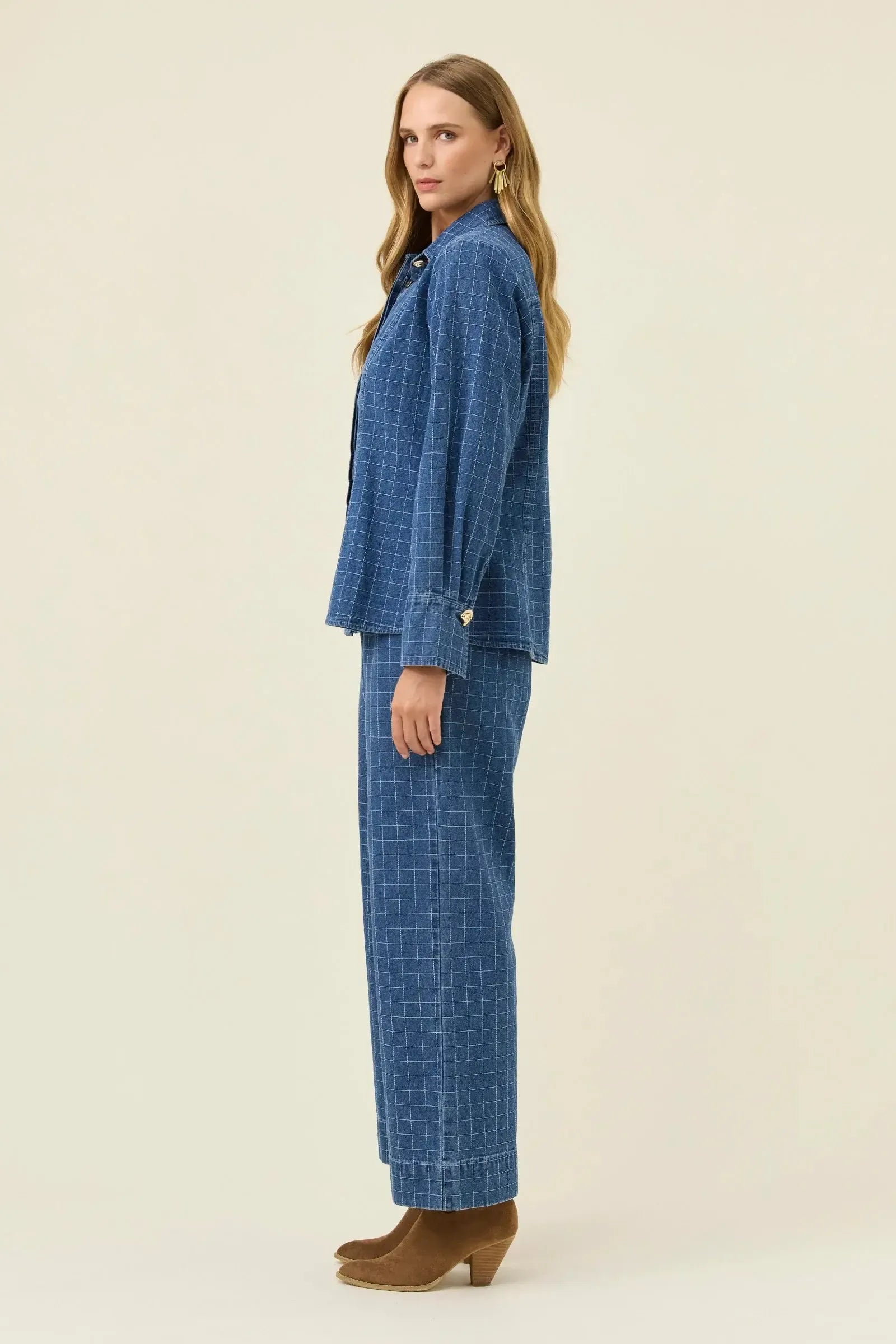 Sloane Denim Frill Shirt - Check-Tops-Isle Of Mine-The Bay Room