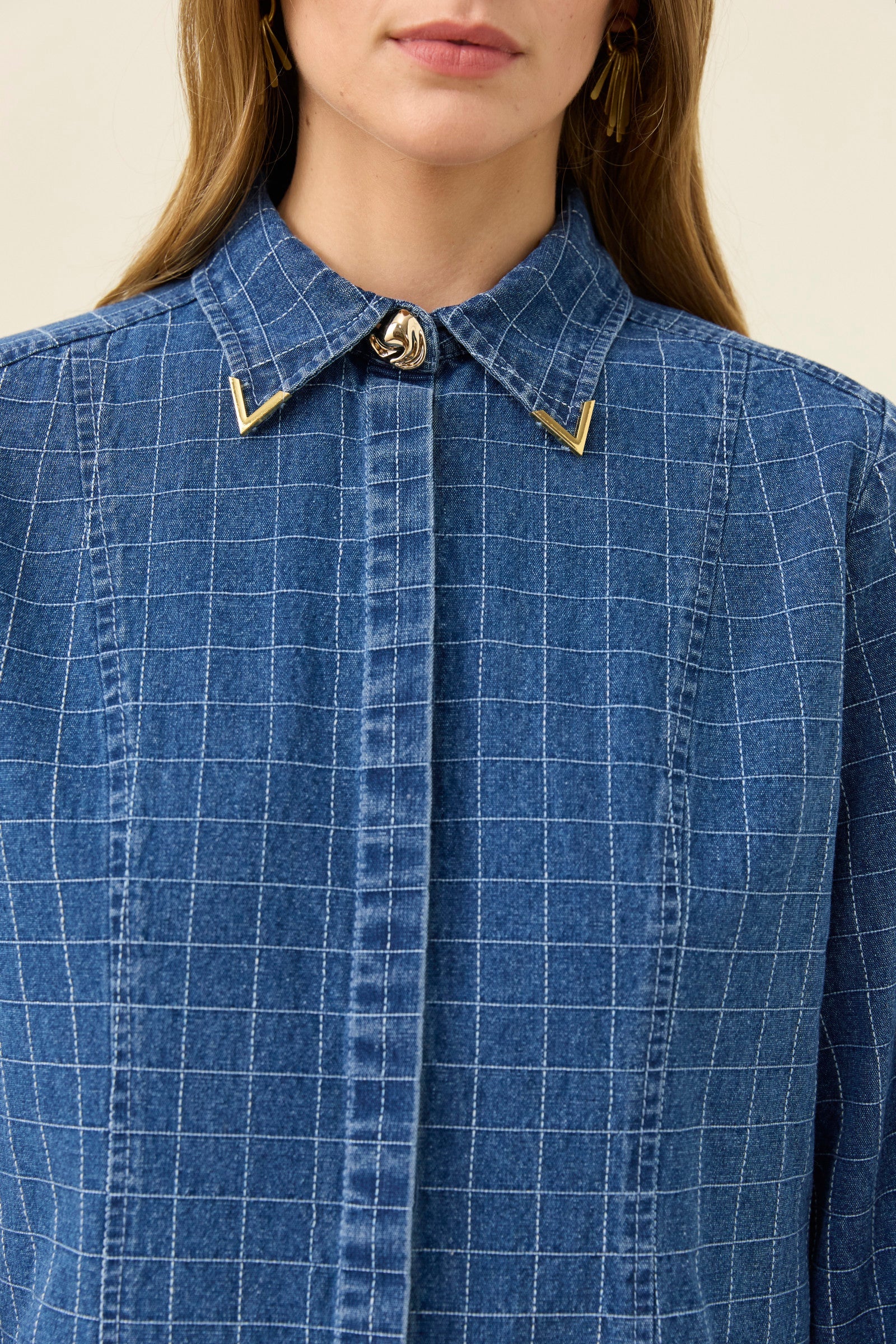 Sloane Denim Frill Shirt - Check-Tops-Isle Of Mine-The Bay Room