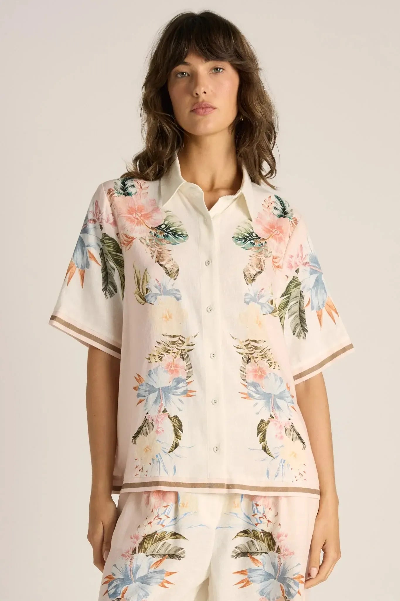 Solara Placement Print Collared Shirt - Pink Print-Tops-Fate + Becker-The Bay Room