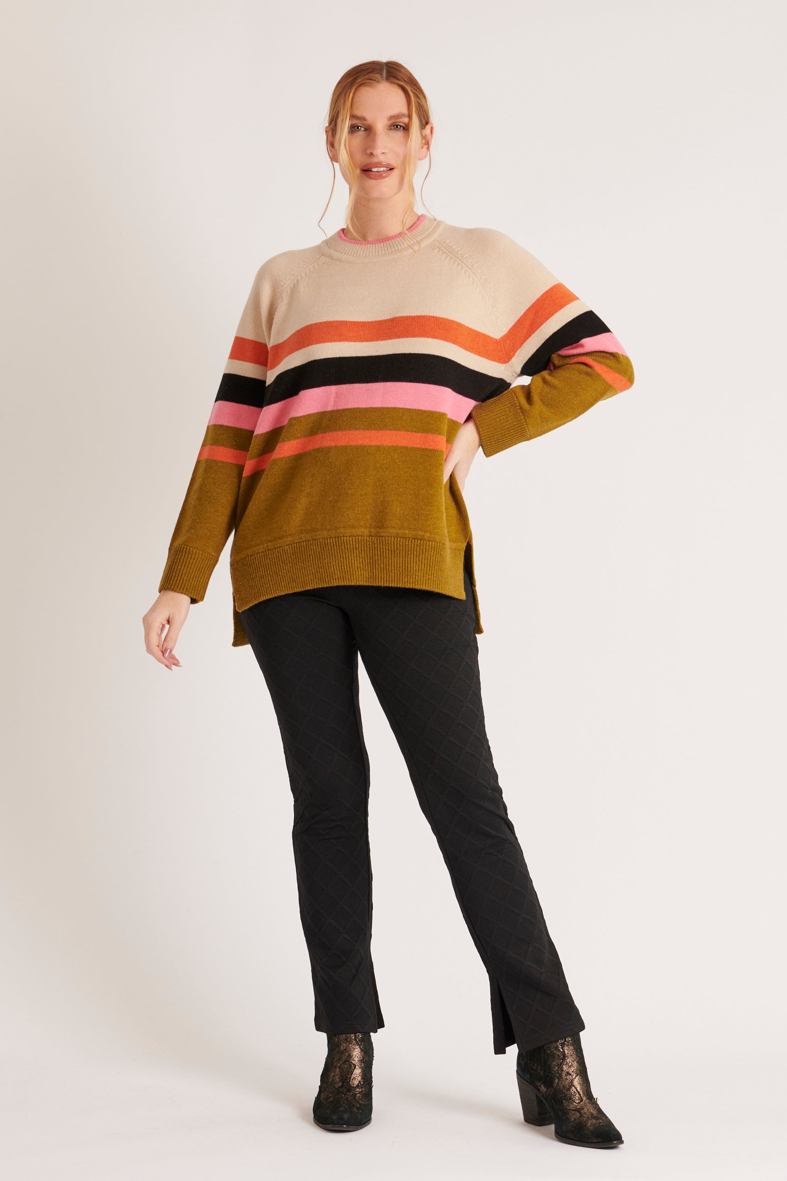 Stripe Spliced Jumper - Natural & Olive-Knitwear & Jumpers-Alessi-The Bay Room