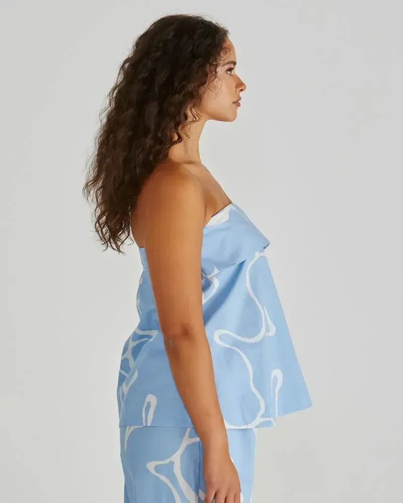 Tilda Strapless Top - Abstract Daisy Blue-Tops-SASS-The Bay Room
