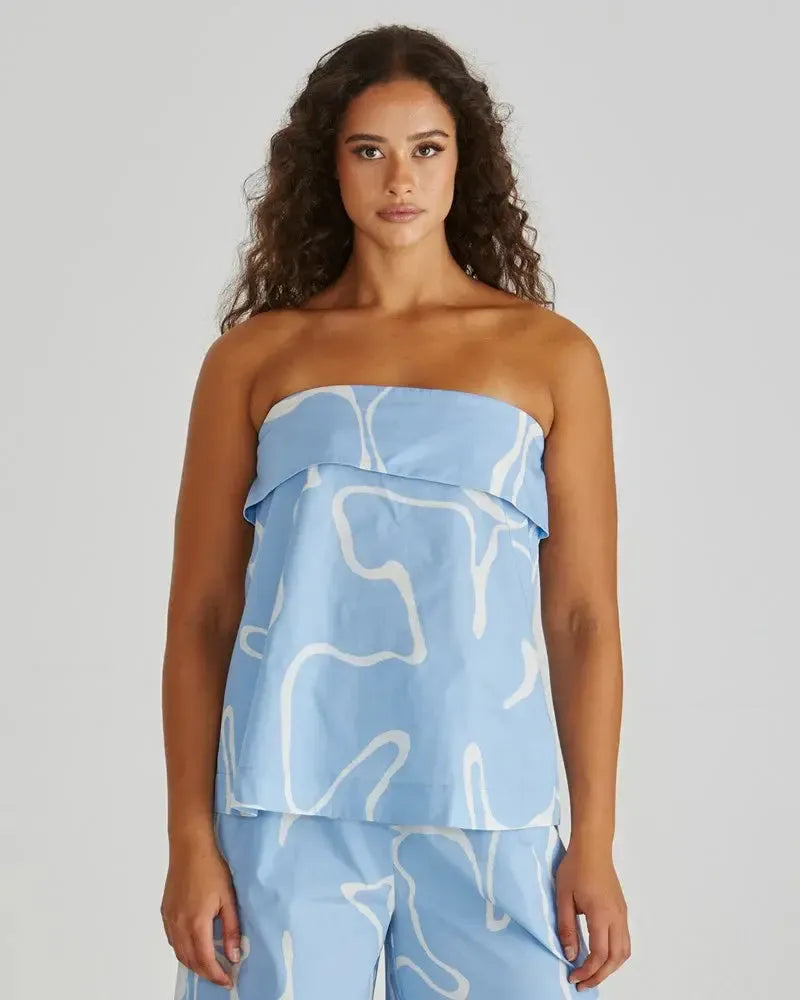 Tilda Strapless Top - Abstract Daisy Blue-Tops-SASS-The Bay Room