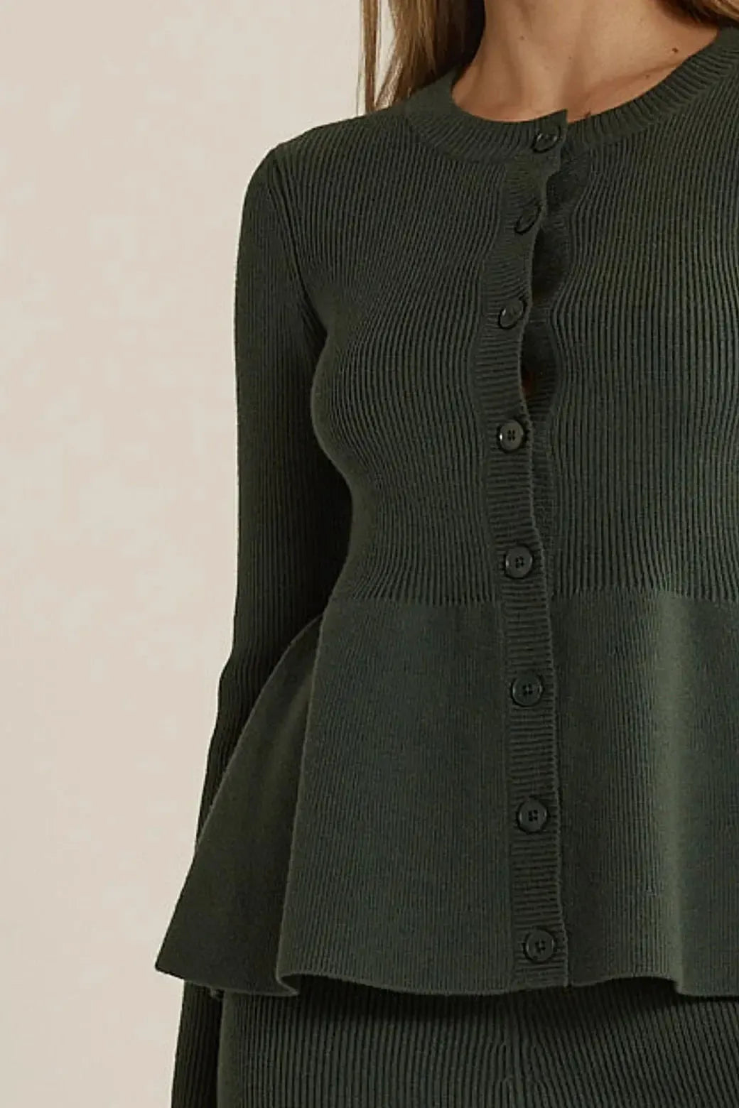 Vale Peplum Cardigan - Khaki-Knitwear & Jumpers-Fate + Becker-The Bay Room