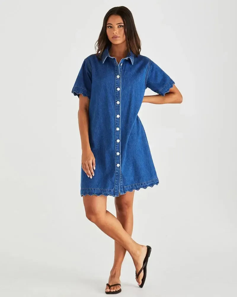 Vale Scalloped Denim Dress - Mid Blue Wash-Dresses-SASS-The Bay Room