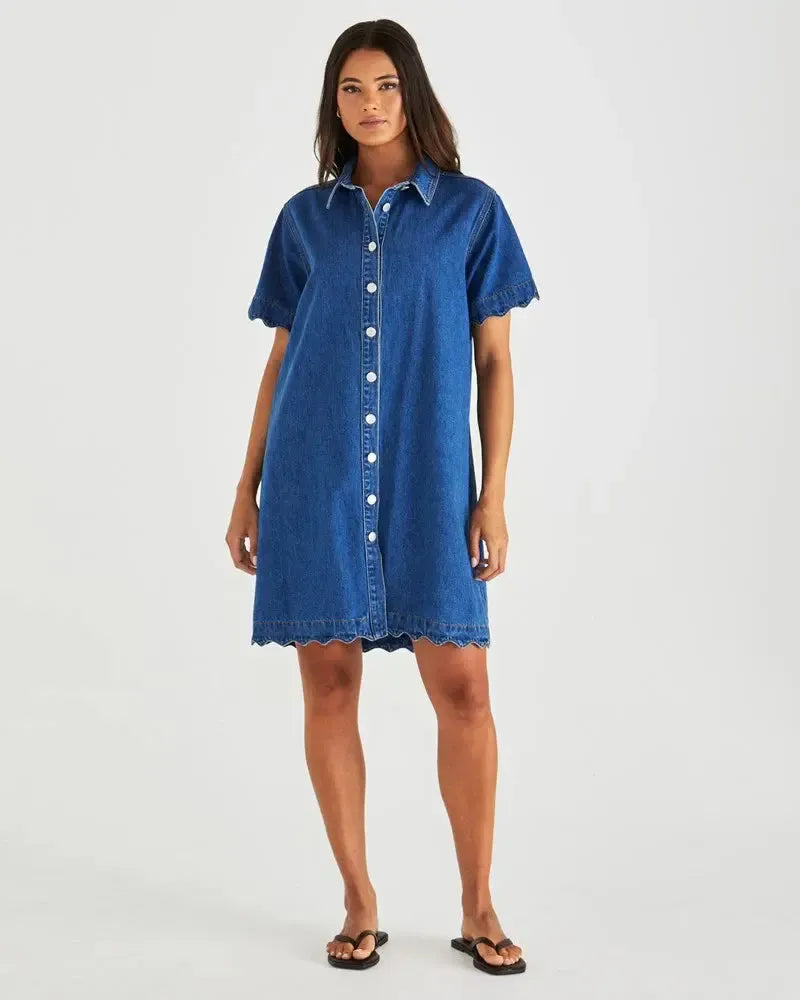 Vale Scalloped Denim Dress - Mid Blue Wash-Dresses-SASS-The Bay Room