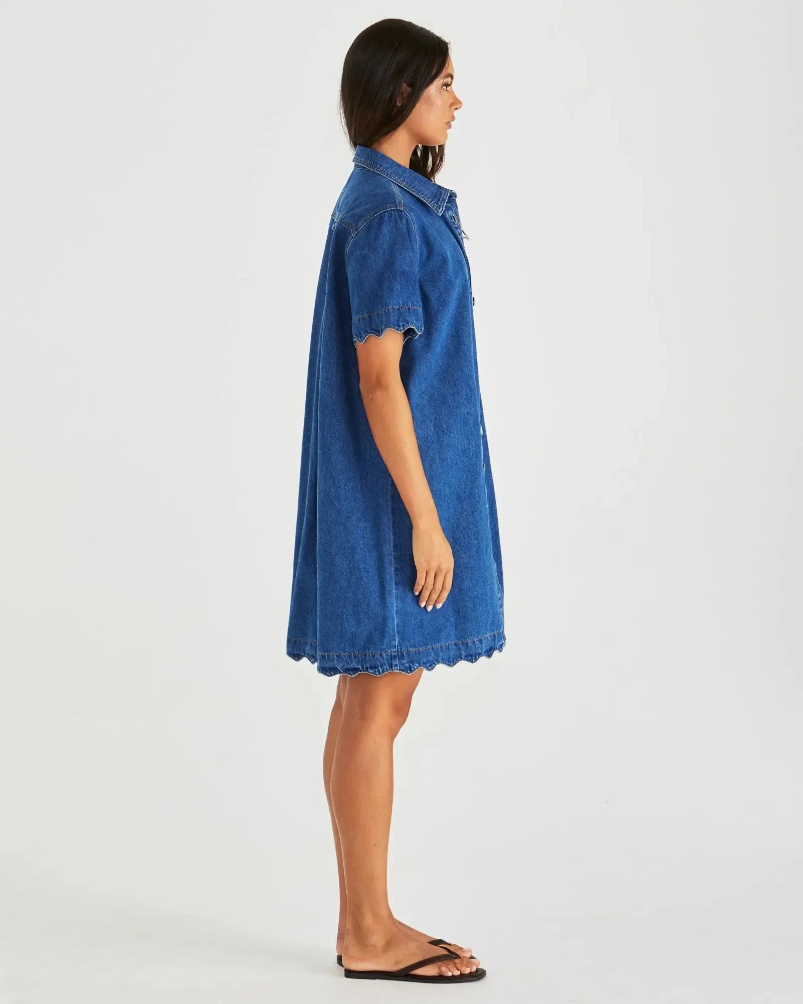 Vale Scalloped Denim Dress - Mid Blue Wash-Dresses-SASS-The Bay Room