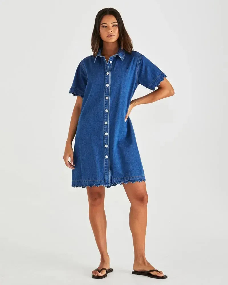 Vale Scalloped Denim Dress - Mid Blue Wash-Dresses-SASS-The Bay Room