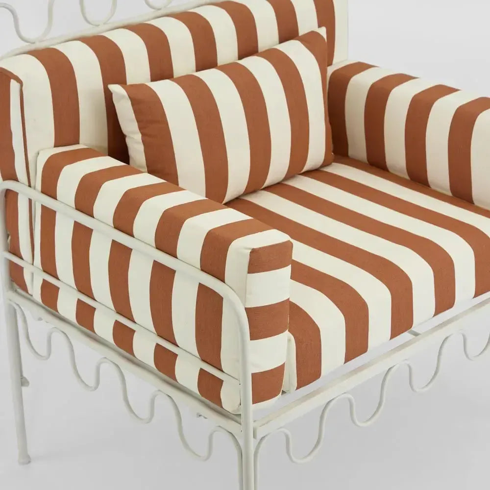 Wira Arm Chair Outdoor Iron Terracotta/White Stripe Cushions-Furniture-MRD Home-The Bay Room