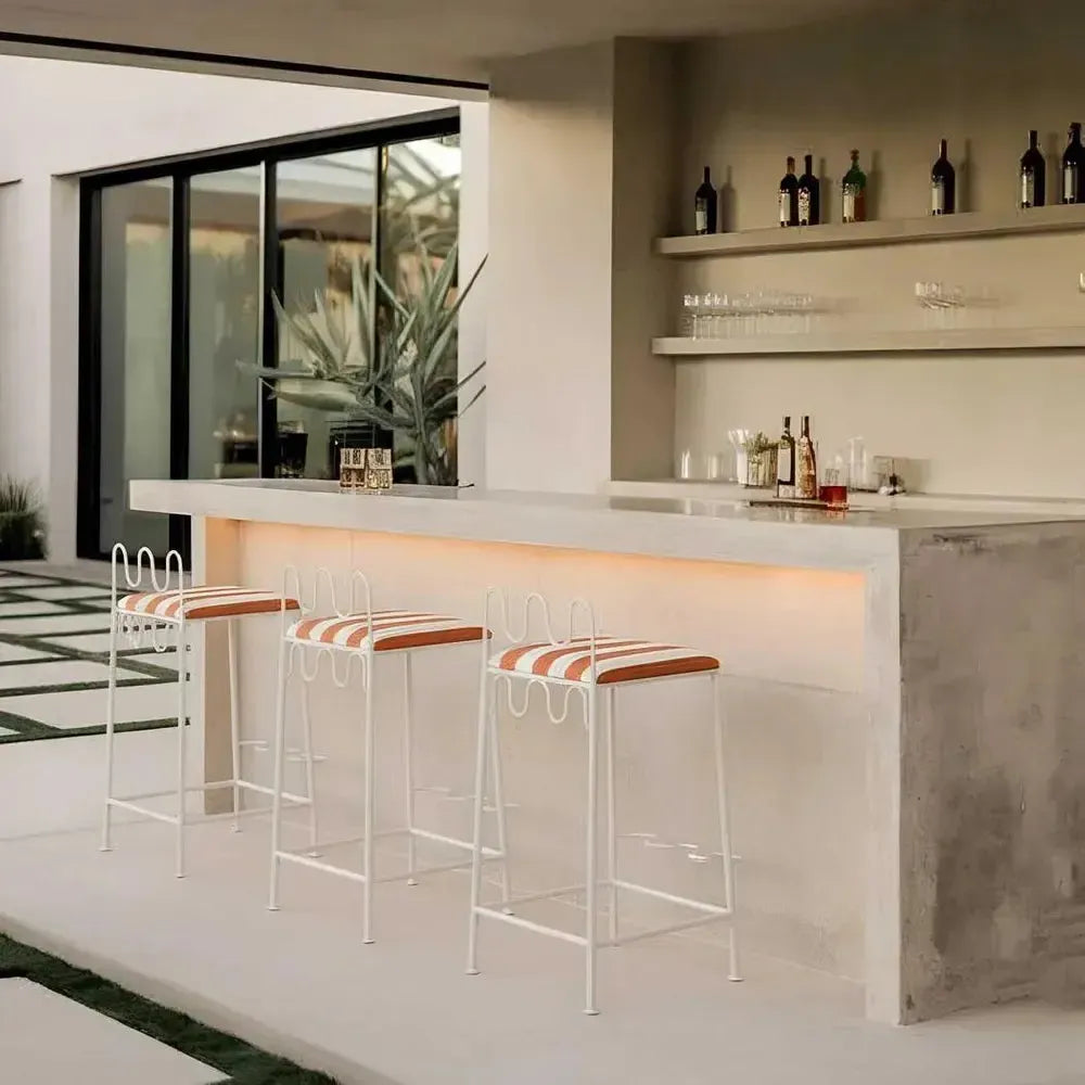 Wira Counter Stool Outdoor Iron Terracotta/ White Stripe Cushion-Furniture-MRD Home-The Bay Room