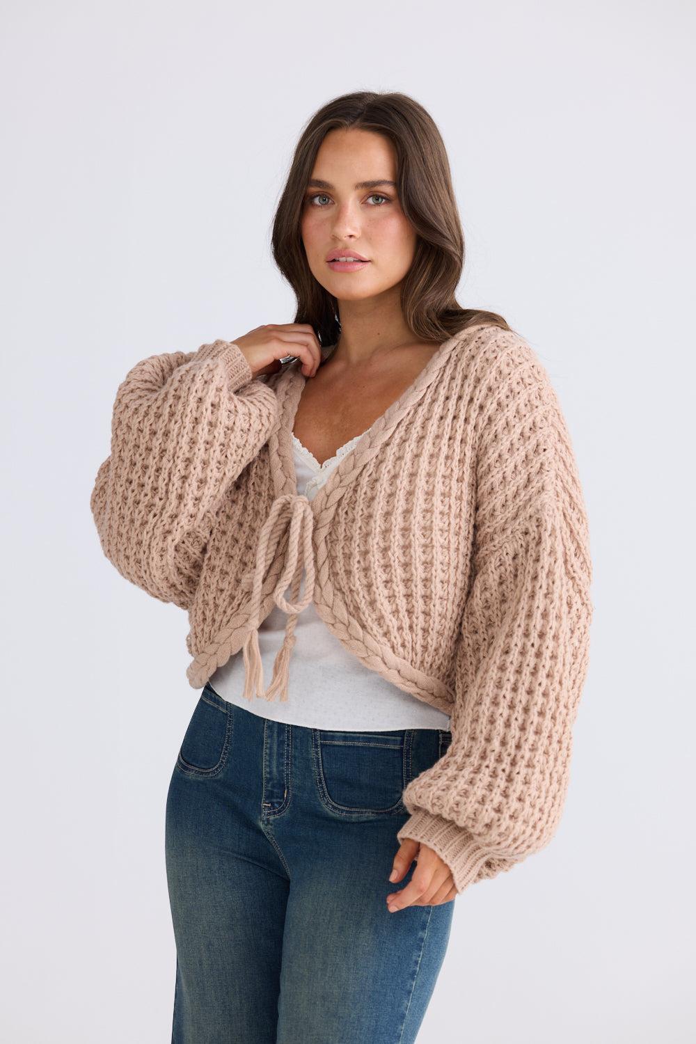 Zinnia Tie Cardi - Latte-Knitwear & Jumpers-Talisman-The Bay Room