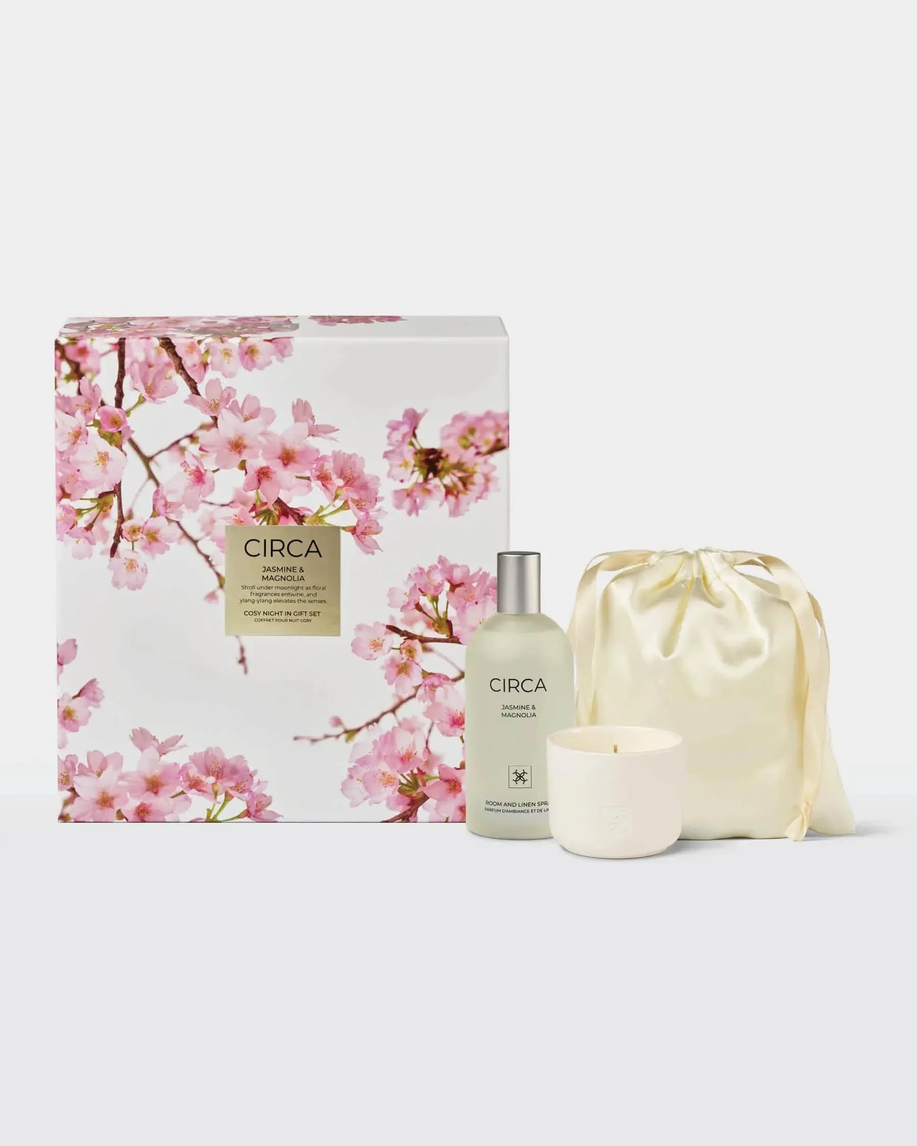 160g Cozy Night In Gift Set (70g candle, 100mL Room & Linen Spray, Drawstring bag with pillowcase and scrunchy) - Mother's Day - Jasmine & Magnolia-Circa-The Bay Room