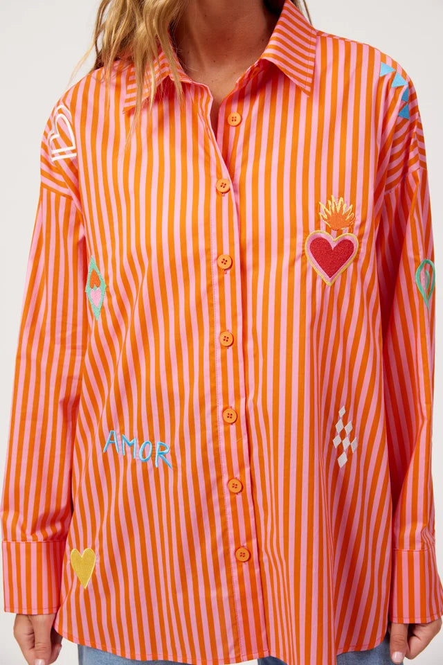 Mykonos Embroidered Stripe Shirt - Pink