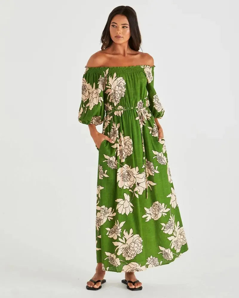 Antonie Off Shoulder Dress - Moonflower Green-Dresses-SASS-The Bay Room